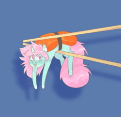Size: 536x519 | Tagged: artist needed, safe, oc, oc only, oc:scoops, pony, unicorn, g4, chopsticks, ponies in food, ponies in sushi, solo, sushi, tongue out