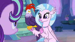 Size: 1920x1080 | Tagged: safe, screencap, edith, silverstream, starlight glimmer, classical hippogriff, cockatrice, hippogriff, pony, g4, student counsel, cute, diabedith, diastreamies, female, mare, perching, red eyes, treehouse of harmony