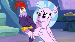 Size: 1920x1080 | Tagged: safe, screencap, edith, silverstream, classical hippogriff, cockatrice, hippogriff, g4, student counsel, duo, female, jewelry, necklace, red eyes, treehouse of harmony