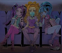 Size: 1304x1120 | Tagged: dead source, safe, artist:5mmumm5, adagio dazzle, aria blaze, sonata dusk, equestria girls, g4, ass, bubblegum, butt, cinema, clothes, drinking, drinking straw, eating, female, food, gum, hot dog, leggings, legs, looking at you, meat, movie theatre, pigtails, ponytail, popcorn, sausage, schrödinger's pantsu, shoes removed, sitting, socks, sonata donk, the dazzlings, thighs, trio, trio female, twintails