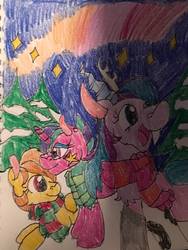 Size: 775x1031 | Tagged: safe, artist:wolfspiritclan, oc, oc only, oc:adean the draconequus, oc:alice goldenfeather, oc:twinkle star, draconequus, pegasus, pony, unicorn, christmas, clothes, holiday, scarf, snow, starry night, traditional art, tree, winter