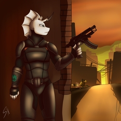 Size: 1600x1600 | Tagged: safe, artist:shadowchisel, oc, oc only, changeling, anthro, clothes, fallout, male, solo, submachinegun, white changeling