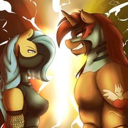 Size: 1600x1600 | Tagged: safe, artist:shadowchisel, oc, oc only, oc:chisel chest, oc:courageous heart, anthro, female, male, mare, mask, stallion