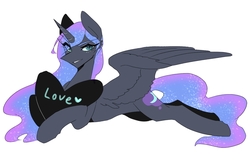 Size: 1400x914 | Tagged: safe, artist:seamaggie, nightmare moon, alicorn, pony, g4, female, heart, smiling, solo