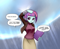 Size: 1000x818 | Tagged: safe, artist:twilite-sparkleplz, sunny flare, equestria girls, g4, clothes, female, force field, rain, skirt, solo, sunny flare's wrist devices