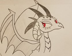 Size: 2048x1600 | Tagged: safe, artist:polar_storm, princess ember, dragon, g4, amused, female, monochrome, partial color, red eyes, simple background, sketch, solo, traditional art, white background