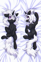 Size: 2000x3000 | Tagged: safe, artist:ls_skylight, oc, oc only, oc:s.leech, pony, unicorn, bald face, belly, blaze (coat marking), body pillow, coat markings, facial markings, fangs, high res, looking at you, looking back, looking back at you, slit pupils, solo, underhoof