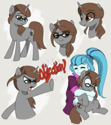 Size: 2064x2320 | Tagged: safe, artist:nightmare fuel, derpibooru exclusive, sonata dusk, oc, oc:sonata, human, pony, unicorn, turnabout storm, equestria girls, g4, ace attorney, confused, female, frown, glasses, hape, happy, high res, hug, mare, namesake, objection, pointing, ponytail, pun, simple background, sketch, sketch dump, smiling, unamused, visual pun