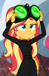 Size: 543x826 | Tagged: safe, screencap, sunset shimmer, equestria girls, equestria girls specials, g4, my little pony equestria girls: better together, my little pony equestria girls: holidays unwrapped, winter break-in, catsuit, cropped, female, goggles, imagine spot, night vision goggles, solo, stealth suit
