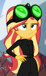 Size: 500x824 | Tagged: safe, screencap, sunset shimmer, equestria girls, equestria girls series, g4, holidays unwrapped, winter break-in, spoiler:eqg series (season 2), catsuit, cropped, female, goggles, imagine spot, night vision goggles, solo, stealth suit