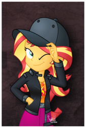 Size: 1776x2630 | Tagged: safe, artist:fadlihalimns, sunset shimmer, display of affection, equestria girls, equestria girls series, g4, cap, female, flanksy, geode of empathy, hat, high res, looking at you, magical geodes, one eye closed, solo, wink, winking at you