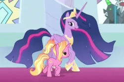 Size: 770x509 | Tagged: safe, screencap, luster dawn, twilight sparkle, alicorn, pony, unicorn, the last problem, cropped, crown, duo, ethereal mane, female, hoof shoes, jewelry, lidded eyes, mare, older, older twilight, peytral, princess twilight 2.0, regalia, teacher and student, twilight sparkle (alicorn)
