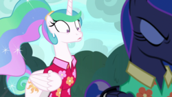 Size: 1920x1080 | Tagged: safe, screencap, princess celestia, princess luna, alicorn, pony, between dark and dawn, g4, alternate hairstyle, bickering sisters, clothes, eyes closed, eyeshadow, female, folded wings, hawaiian shirt, heartbreak, makeup, mare, multicolored mane, ponytail, royal sisters, shocked, siblings, sisters, tail bun, vacation