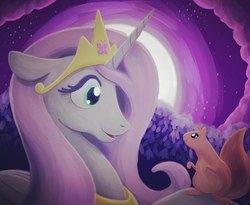 Size: 3300x2700 | Tagged: safe, artist:pastelpanda, fluttershy, alicorn, pony, squirrel, g4, alicornified, crown, female, fluttercorn, high res, jewelry, looking down, looking up, mare, moon, princess fluttershy, race swap, regalia, solo