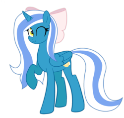 Size: 919x870 | Tagged: safe, artist:angelfirex20, oc, oc:fleurbelle, alicorn, pony, adorabelle, adorable face, alicorn oc, bow, cute, female, hair bow, horn, mare, ocbetes, one eye closed, smiling, sweet, wink