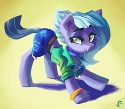 Size: 1600x1400 | Tagged: dead source, safe, artist:saxopi, limestone pie, earth pony, pony, g4, belt, bracelet, chest fluff, choker, clothes, female, glutes, jeans, jewelry, pants, smiling, solo, stretching