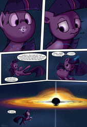 Size: 1920x2816 | Tagged: safe, artist:shieltar, part of a set, twilight sparkle, pony, unicorn, comic:giant twilight, g4, accretion disk, black hole, comic, cute, dialogue, female, giant pony, giantess, glowing horn, growth, gulp, horn, macro, magic, mare, nom, part of a series, pony bigger than a planet, pony bigger than a solar system, pony bigger than a star, signature, size difference, solar system, solo, space, stars, teleportation, this will end in spaghettification, twiabetes, unicorn twilight