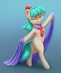 Size: 914x1096 | Tagged: safe, artist:stratodraw, coco pommel, earth pony, pony, g4, bipedal, cocobetes, cute, eyes closed, female, gradient background, mare, missing cutie mark, solo
