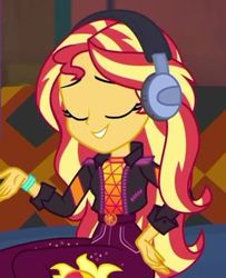 Size: 460x566 | Tagged: safe, screencap, sunset shimmer, equestria girls, g4, my little pony equestria girls: better together, clothes, couch, cropped, eyes closed, female, headphones, smiling, solo