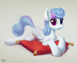 Size: 1905x1547 | Tagged: safe, artist:draconidsmxz, oc, oc only, pegasus, pony, chest fluff, female, looking at you, mare, pillow, prone, solo