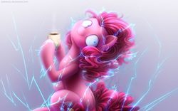 Size: 1280x800 | Tagged: safe, artist:jadekettu, pinkie pie, earth pony, pony, caffeine, coffee, creepy, creepy smile, detailed, electricity, energy, featured image, female, gradient background, gray background, hoof hold, hypercaffinated, lightning, looking at you, looking back, mare, mug, oh no, pinkie found the coffee, powering up, shrunken pupils, simple background, sitting, smiling, solo, steam, this will not end well, underhoof, wide eyes, xk-class end-of-the-world scenario
