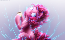 Size: 1280x800 | Tagged: safe, artist:jadekettu, pinkie pie, earth pony, pony, g4, caffeine, coffee, creepy, creepy smile, detailed, electricity, energy, featured image, female, gradient background, gray background, hoof hold, hypercaffinated, lightning, looking at you, looking back, mare, mug, oh no, pinkie found the coffee, powering up, shrunken pupils, simple background, sitting, smiling, solo, steam, this will not end well, underhoof, wide eyes, xk-class end-of-the-world scenario