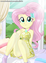 Size: 643x873 | Tagged: safe, alternate version, artist:charliexe, fluttershy, equestria girls, g4, adorasexy, clothes, crepuscular rays, cute, digital art, dress, female, legs, panties, panty shot, pink underwear, sexy, shyabetes, sitting, smiling, solo, thighs, underwear, updated, upskirt, url