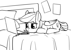 Size: 2600x1856 | Tagged: safe, artist:dacaoo, rainbow dash, pegasus, pony, g4, bed, black and white, computer, female, grayscale, laptop computer, monochrome, prone, solo