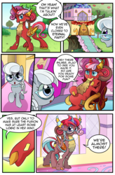 Size: 1800x2740 | Tagged: safe, artist:candyclumsy, artist:multi-commer, apple bloom, ocellus, scootaloo, silver spoon, smolder, sweetie belle, yona, oc, changeling, dragon, earth pony, hybrid, original species, pegasus, pony, unicorn, yak, yakony, comic:the great big fusion 3, g4, apple, apple tree, clubhouse, collapse, comic, confused, crusaders clubhouse, cutie mark crusaders, dialogue, dragoness, female, food, fusion, hug, magic, merge, potion, shy, tree, treehouse