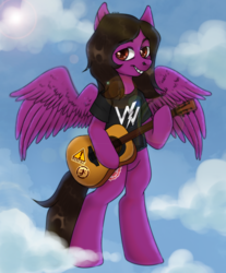Size: 2900x3500 | Tagged: safe, artist:arteshna, pegasus, pony, acoustic guitar, bipedal, clothes, cloud, commission, guitar, high res, hoof hold, male, musical instrument, nose piercing, pierce the veil, piercing, ponified, shirt, smiling, smirk, solo, spread wings, stallion, standing, sticker, t-shirt, vic fuentes, wings, ych result