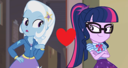 Size: 2056x1100 | Tagged: safe, edit, edited screencap, screencap, sci-twi, trixie, twilight sparkle, equestria girls, equestria girls specials, g4, my little pony equestria girls: better together, my little pony equestria girls: holidays unwrapped, rarity investigates: the case of the bedazzled boot, rarity investigates: the case of the bedazzled boot: trixie, female, lesbian, ship:sci-twixie, ship:twixie, shipping, shipping domino