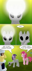 Size: 455x1010 | Tagged: safe, artist:quint-t-w, pinkie pie, twilight sparkle, earth pony, human, pony, unicorn, g4, alien abduction, comic, confused, dialogue, everything went better than expected, female, hazmat suit, light, old art, restrained, rubber suit