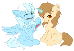 Size: 1734x1200 | Tagged: safe, artist:ice crystal, oc, oc only, oc:ice crystal, oc:winter comes, pegasus, pony, unicorn, 2020 community collab, derpibooru community collaboration, duo, female, friends, looking at you, magic, mare, one eye closed, raised hoof, sitting, telekinesis, transparent background, wink