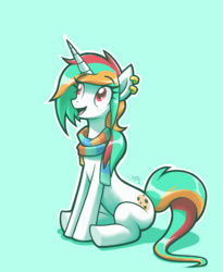 Size: 900x1100 | Tagged: safe, artist:notyoursagittarius, oc, oc only, oc:minty crumble, pony, unicorn, clothes, disguise, disguised changeling, ear piercing, earring, female, jewelry, mare, piercing, scarf, sitting, smiling, solo