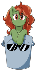 Size: 540x1063 | Tagged: safe, artist:php135, artist:suspega, oc, oc only, oc:withania nightshade, earth pony, pony, bucket, c:, collaboration, female, if i fits i sits, looking at you, mare, simple background, smiling, solo, sunglasses, transparent background
