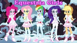 Size: 1280x720 | Tagged: safe, applejack, fluttershy, pinkie pie, rainbow dash, rarity, equestria girls, g4, boots, clothes, cowboy hat, dress, freckles, gauntlet, gloves, hat, high heels, microphone, miniskirt, shoes, shorts, skirt, smiling, socks, stetson, style, thigh highs, winter