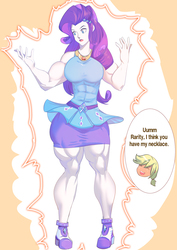 Size: 990x1402 | Tagged: safe, artist:bakki, applejack, rarity, equestria girls, g4, commission, geode of super strength, growth, magic, magical geodes, muscle expansion, muscles, rarity peplum dress, ripped rarity