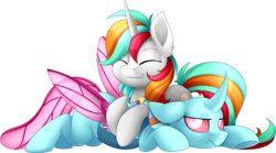 Size: 2711x1502 | Tagged: safe, artist:scarlet-spectrum, oc, oc only, oc:minty crumble, changedling, changeling, pony, unicorn, changedling oc, changeling oc, clothes, duo, female, hug, mare, scarf, simple background, transparent background