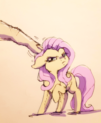 Size: 1073x1309 | Tagged: safe, artist:buttersprinkle, fluttershy, human, pegasus, pony, g4, angry, annoyed, colored sketch, cute, female, floppy ears, fluttershy is not amused, frown, glare, grumpy, hand, madorable, mare, petting, raised hoof, simple background, smol, solo focus, tiny, tiny ponies, traditional art, unamused, yellow background