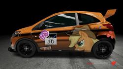 Size: 1024x576 | Tagged: safe, part of a set, applejack, pony, g4, car, cowboy hat, cutie mark, female, ford, ford ka, forza motorsport 4, game screencap, hat, itasha, mare, my little pony logo, race, video game