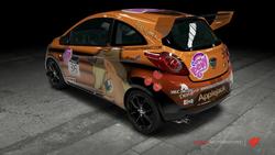 Size: 1024x576 | Tagged: safe, part of a set, applejack, earth pony, pony, g4, car, cowboy hat, cutie mark, female, ford, ford ka, forza motorsport 4, game screencap, hat, itasha, mare, my little pony logo, race, video game