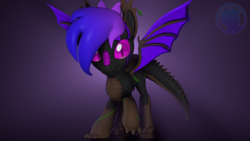 Size: 3840x2160 | Tagged: safe, artist:technickarts, oc, oc:tirina, hybrid, original species, timber pony, timber wolf, 3d, bat wings, claws, cute, female, gradient mane, happy, high res, mare, scales, slit pupils, source filmmaker, volumetric light, watermark, wings