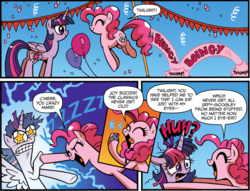 Size: 1462x1118 | Tagged: safe, artist:brendahickey, idw, pinkie pie, twilight sparkle, alicorn, earth pony, pony, g4, my little pony: friends forever, spoiler:comic, spoiler:comicff12, balloon, bouncing, duo, electrocution, female, huh, joy buzzer, mare, mismatched eyes, starry eyes, tongue out, twilight sparkle (alicorn), wingding eyes