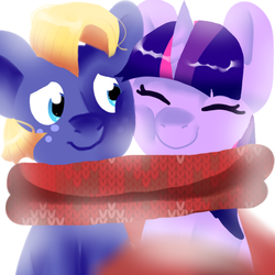 Size: 512x512 | Tagged: safe, artist:alaiamax, star tracker, twilight sparkle, pony, g4, cheek squish, cheek to cheek, clothes, cute, eyes closed, female, male, mare, scarf, shared clothing, shared scarf, ship:twitracker, shipping, smiling, squishy cheeks, stallion, straight, trackerbetes