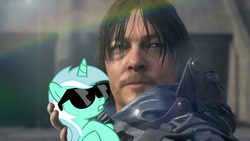 Size: 1728x972 | Tagged: safe, lyra heartstrings, human, pony, g4, death stranding, sam porter bridges, spoilers for another series, sunglasses, video game