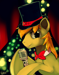 Size: 758x965 | Tagged: safe, artist:si1vr, oc, oc only, oc:stardom, pony, bowtie, hat, microphone, singer, solo
