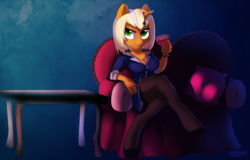 Size: 1737x1109 | Tagged: safe, artist:si1vr, oc, oc only, unicorn, anthro, clothes, glass, horn, horn ring, sofa bed, solo