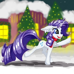 Size: 2500x2500 | Tagged: safe, artist:rurihal, rarity, pony, unicorn, g4, clothes, cutie mark, female, floppy ears, hearth's warming eve, high res, mare, scarf, smiling, solo