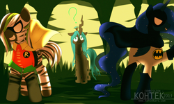 Size: 2000x1200 | Tagged: safe, artist:si1vr, princess luna, queen chrysalis, oc, zebra, g4, batman, clothes, confused, cosplay, costume, robin