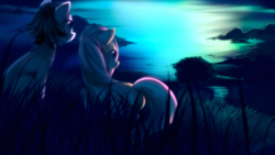 Size: 1920x1080 | Tagged: safe, artist:si1vr, fluttershy, oc, pegasus, pony, g4, duo, female, folded wings, looking away, mare, night, outdoors, prone, river, romantic, sitting, wings